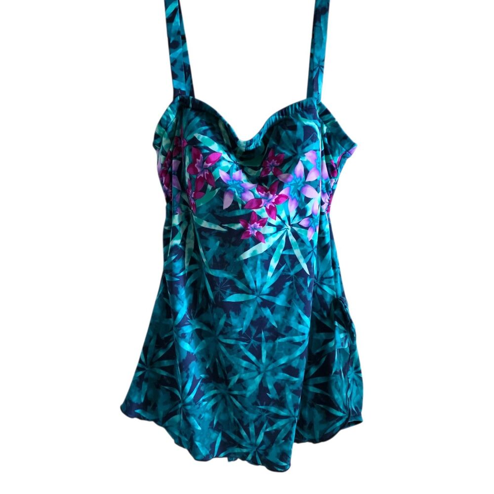 Maxine Swim Skirt Tropical Floral Palm Teal Purple One Piece 14 Beach Resort